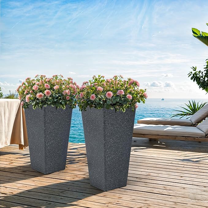 28" Large Tall Square Planters for Outdoor Plants, Set of 2 V-Shaped Planter Box with Black Terrazzo Look, Durable and Weather Resistant, Ideal or Garden, Patio, Porch or Home use.-Ruum Studio Home