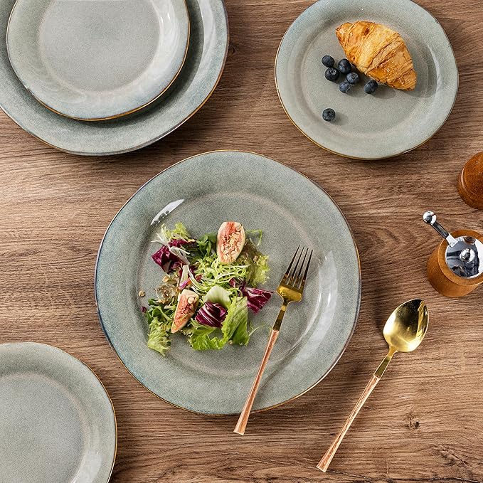 AmorArc Ceramic Dinnerware Sets, Handmade Stoneware Reactive Glaze Plates and Bowls Set, Scratch Resistant | Dishwasher & Microwave Safe Dishes Set, Service for 4 (12pc)-Ruum Studio Home