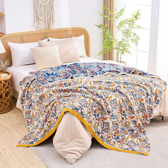 Boho Blanket Throw Quilt, 100% Cotton Soft Light Weight Throw Blankets for Summer, 60"x80" Farmhouse Flower Decorative Blankets, All Season Rustic Reversible Bohemian Throw Quilt-Ruum Studio Home