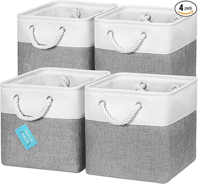 OrganiHaus 11x11 Cube Storage Bins 4 Pack, Foldable Cube Storage Organizer w/ Rope Handles, Collapsible Fabric Bins for Toys, Clothes & Closet Organization, Fabric Square Baskets - Gray/White-Ruum Studio Home