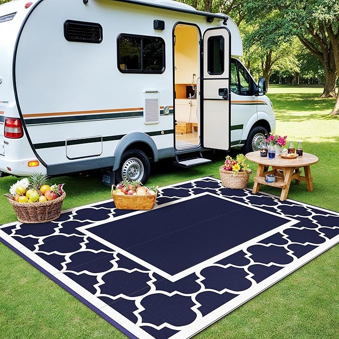 GENIMO Outdoor Rug Waterproof for Patio Decor, 8'x10' Reversible Plastic Straw Rug Carpet, Camping Mats for Outdoor, RV, Backyard, Deck, Balcony, Picnic, Blue & White-Ruum Studio Home