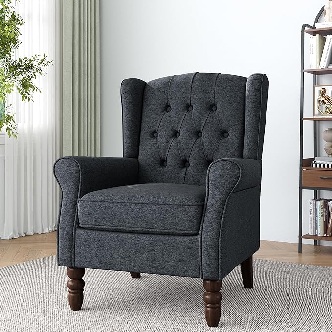 Lumibee High Back Accent Chair,Upholstered Wingback Armchair with Solid Wood Legs for Small Spaces,Comfy Single Sofa Chair for Living Room,Bedroom,Office-Black Blue-Ruum Studio Home