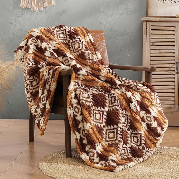 CASAAGUSTO Boho Sherpa Throw Blanket, Aztec, Ultra Soft, Warm, Cozy, Plush, Thick Fleece Bohemian Throw Blanket for Couch, Bed, Sofa (Terracotta 50 * 60 Inch)-Ruum Studio Home