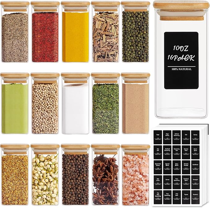 ComSaf 16Pcs Glass Spice Jars with Bamboo Lid, 10oz Airtight Square Containers with 275 Black Lables, Empty Seasoning Jars for Spice Salt Sugar-Ruum Studio Home