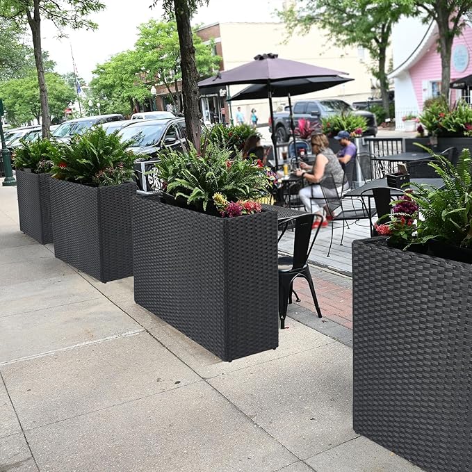 LEWIS&WAYNE Tall Planters for Outdoor Plants Handmade Wicker Large Rectangular Block Planter Box with Removable Liners Modern Planter for Indoor Outdoor Patio Deck - Black-Ruum Studio Home