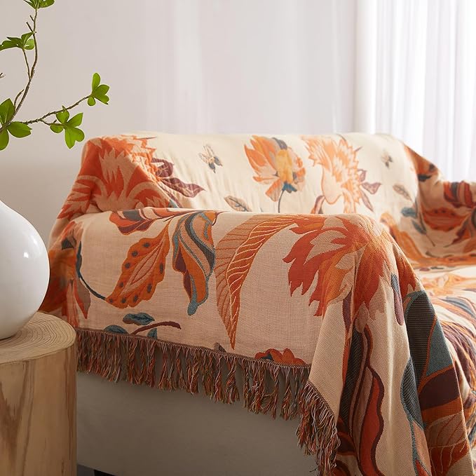 Boho Throw Blanket for Bed 90”x98”, 100% Cotton Woven Blanket for Couch Sofa, Ultra Soft 4-Layer Muslin Quilt with Floral Printed, Farmhouse Bed Blanket/Cover for Living Room Decor-Ruum Studio Home