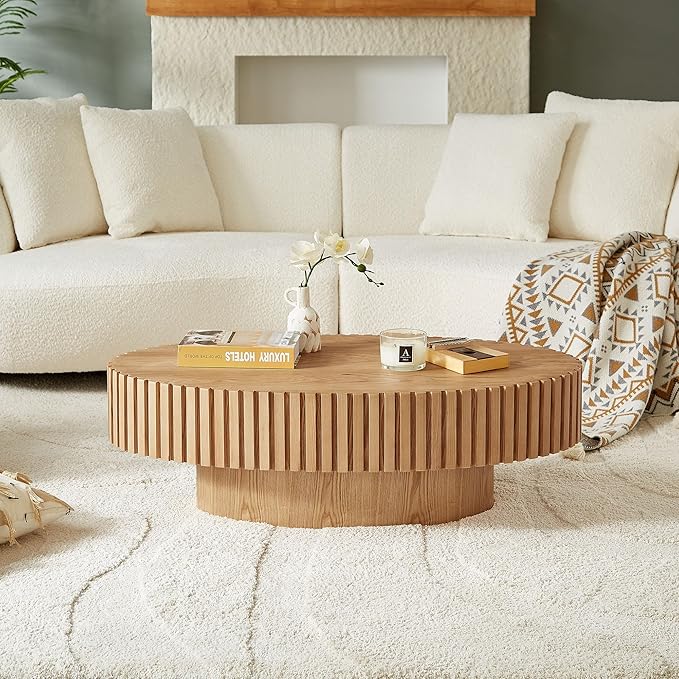 Oval Coffee Table for Living Room, Modern Fluted Coffee Tables with Pedestal Base, Handcrafted Centre Tea Tables Easy Assembly-43.7" Natural-Ruum Studio Home