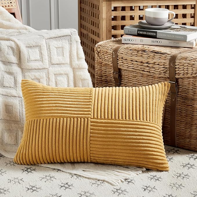 Fancy Homi 2 Packs Gold Yellow Lumbar Decorative Throw Pillow Covers 14x24 Inch for Couch Bed Sofa, Rustic Farmhouse Boho Spring Home Decor, Soft Striped Corduroy Rectangle Accent Cushion Case 35x60cm-Ruum Studio Home
