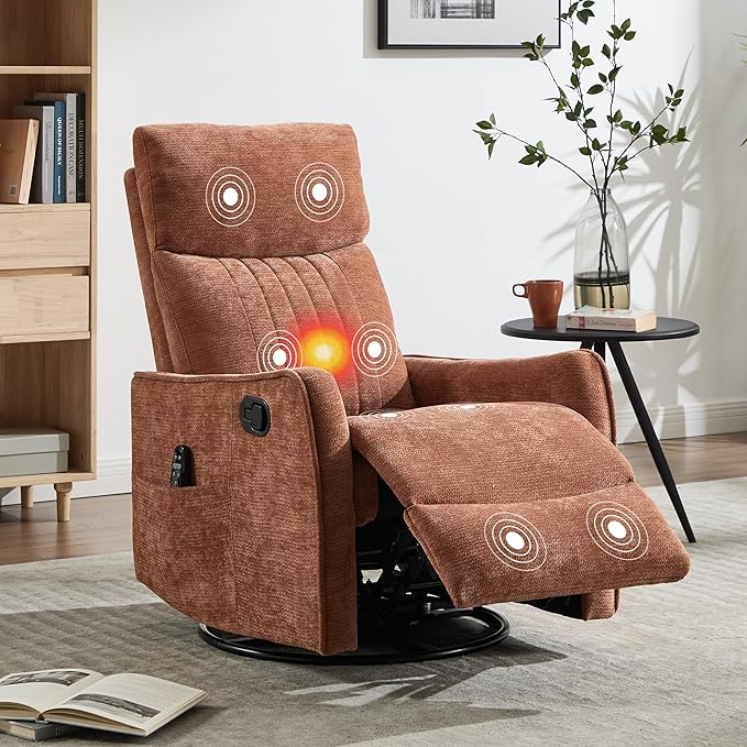 Manual Swivel Rocker Recliner Chair for Adults, Overstuffed Reclining Glider Chair for Nursing with Vibration Massage & Heat, Living Room Rocking Recliner 2-Stage backrest, Chenille Fabric Orange-Ruum Studio Home