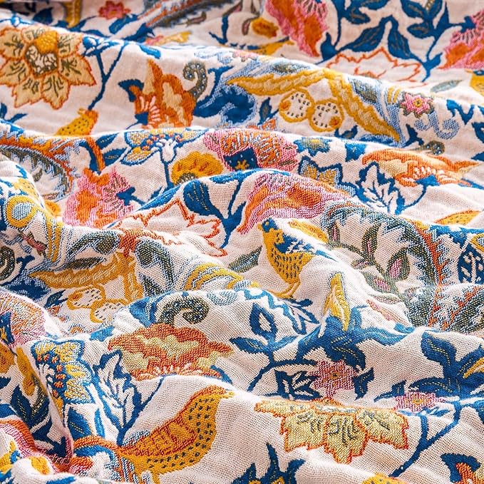 Boho Blanket Throw Quilt, 100% Cotton Soft Light Weight Throw Blankets for Summer, 60"x80" Farmhouse Flower Decorative Blankets, All Season Rustic Reversible Bohemian Throw Quilt-Ruum Studio Home