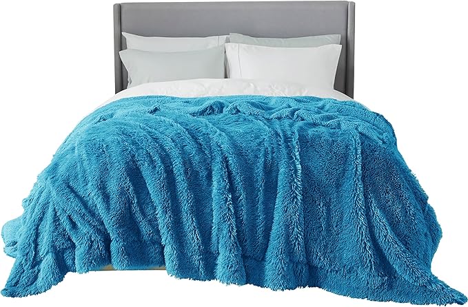 Bedsure GentleSoft Fluffy Bright Blue Blankets Queen Size for Bed, Thick Sherpa Faux Fur Fleece Fuzzy Plush Winter Warm Soft Queen Blankets, Bedroom Decor Blue Cozy Gifts for Women Men, 90x90-Ruum Studio Home