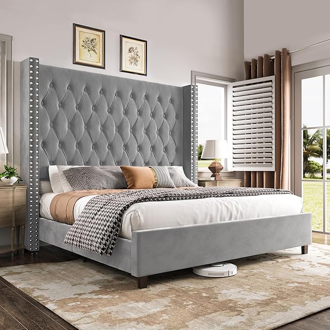 PaPaJet King Size Bed Frame with 61.4" Tall Headboard, Velvet Upholstered Platform and Handmade Deep Button Tufting, No Box Spring Required, Grey-Ruum Studio Home