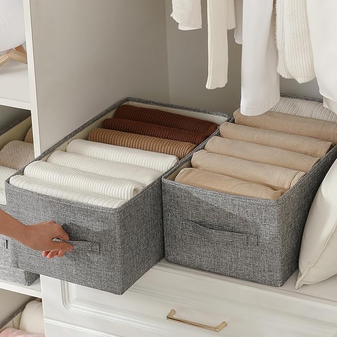 Linen Folding Storage Bins, 3 Pack Large Storage Baskets, Washable, Clothing Storage Bins with Handle, Closet Organizer for Storage Sweater,Sheets(dark grey, 18½"x11" x8½")-Ruum Studio Home