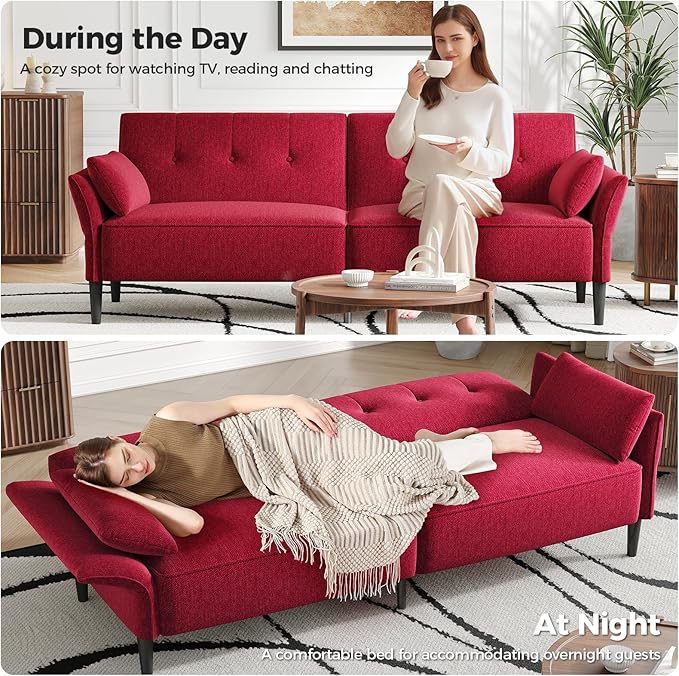 89” Futon Sofa Bed, Linen Comfy Futon Couch Bed with 2 Square Pillows, Convertible Sleeper Sofa with Adjustable Backrest& Armrests, Modern Loveseat Sleeper for Living Room, Bedroom, Red-Ruum Studio Home