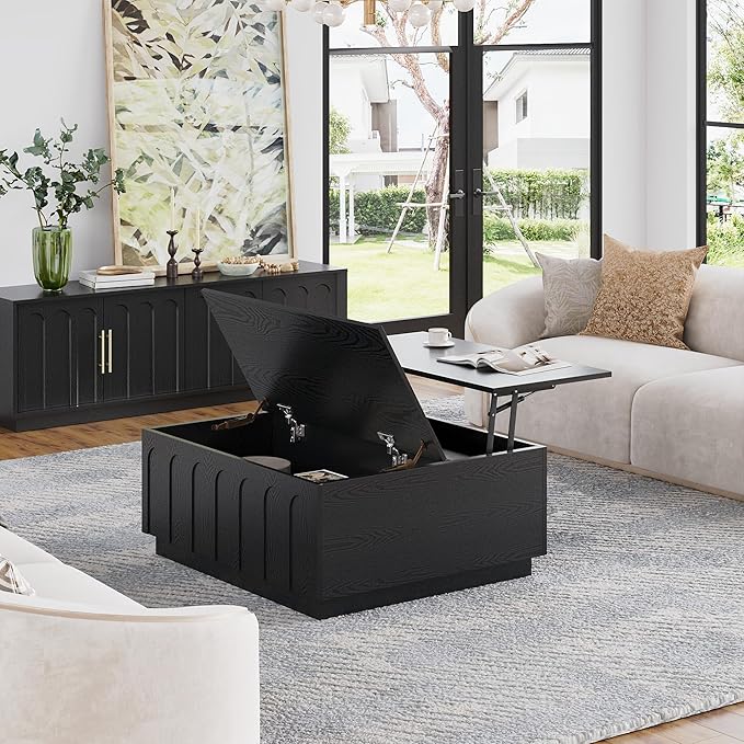 Lift Top Coffee Table with Storage, Modern Coffee Table with Arched Design, 31.5" Square Tea Table with Wood Grain, Minimalist Multifunctional Center Table for Living Room, Office, Black-Ruum Studio Home