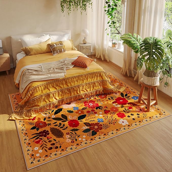 Living Room Rug 6x9 Rug Machine Washable Boho Area Rug Non Slip Floral Vintage Low Pile Large Rug for Living Room, Bedroom, Farmhouse, Dining Room, Kids Playroom(Yellow)-Ruum Studio Home
