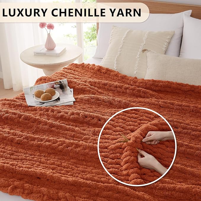 L'AGRATY Chunky Knit Blanket Throw: 60''x80'' Chenille Chunky Knitted Throw Blanket for Bed Couch - Handmade Thick Big Cable Knit Blanket - Large Crochet Rope Blanket for Home Decor(Rusty Orange)-Ruum Studio Home