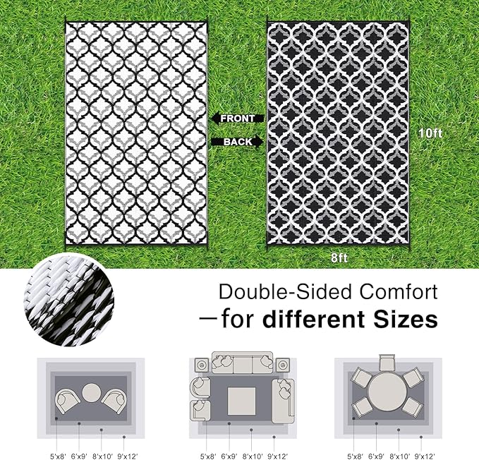 OLANLY Reversible Outdoor Rug 8x10 ft Clearance, Waterproof Outdoor Plastic Straw Rug with Interlacing Pattern, RV Mat for Patio, Camping, Balcony, Deck, Backyard, Black & White-Ruum Studio Home