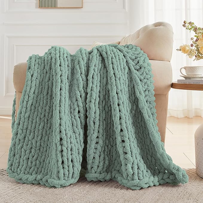 Carriediosa Chunky Knit Throw Blanket 60" X 80" Twin, 100% Hand Made Large Chenille Loop Yarn Soft Fluffy Throws for Couch Sofa Bed, Big Crochet Cozy Heavy Thick Cable Woven Blankets, Sage Green-Ruum Studio Home