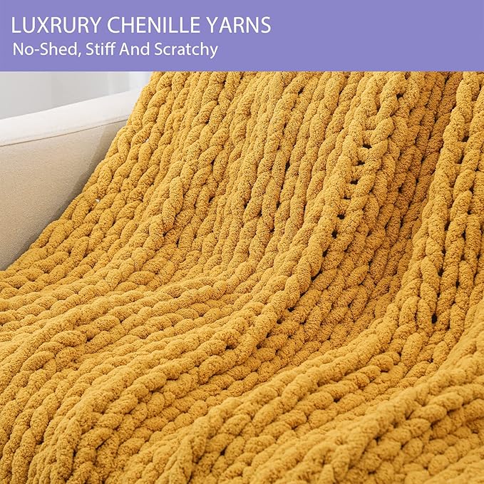 Bigacogo Chunky Knit Throw Blanket for Couch, 51x63 inches, 100% Hand Knitted with Thick Jumbo Chenille Yarn, Cozy Soft Large Rope Knot Cable Crochet Blankets for Sofa Bed Living Room, Mustard Yellow-Ruum Studio Home