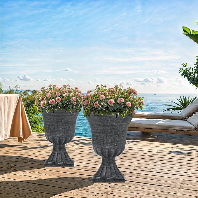 22" Timeless Urn Planters for Outdoor Plants, Set of 2 Plastic Large Flower Pot with Handmade Washed Black Finish, Weather-Resistant for Porch, Garden, Patio or Indoor Use-Ruum Studio Home