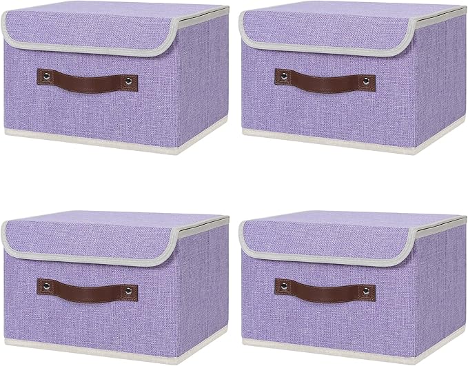 ANMINY 4PCS Storage Bins with Lid PU Leather Handles Storage Boxes PP Plastic Board Decorative Foldable Lidded Cotton Linen Fabric Home Cubes Baskets Closet Organizer Containers - Purple, Small Size-Ruum Studio Home