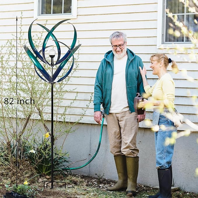 Outdoor Wind Spinners with Solar Light, 82'' Metal Large Spinner Yard Art, Peacock Blue Wind Sculptures for Garden Lawn Patio, Gifts for Family-Ruum Studio Home
