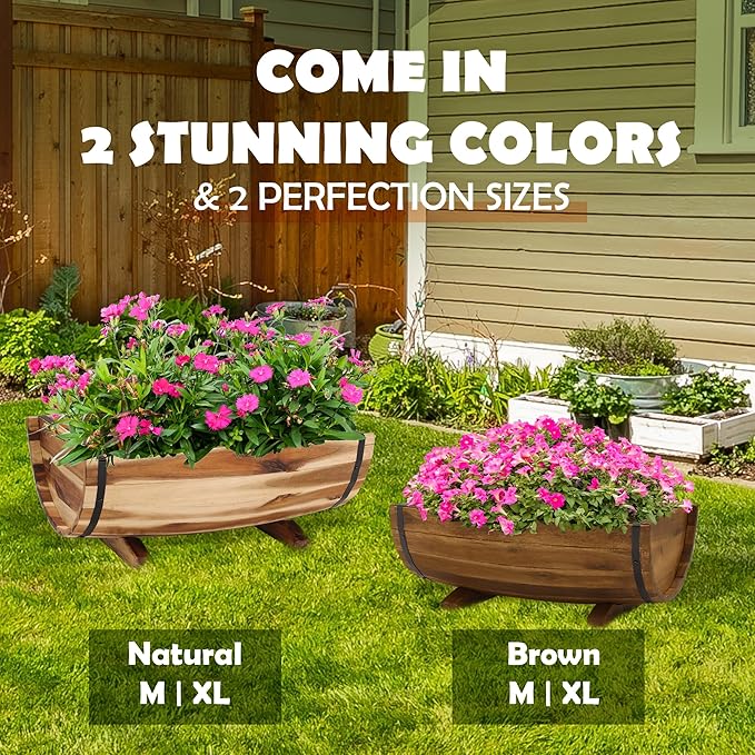 IDZO Solid Acacia Wood Half Barrel Planters Outdoor Set of 2 Different Sizes, Wooden Planters for Outdoor Plants with Metal Bands & Drainage Holes, Legs Included, Brown-Ruum Studio Home