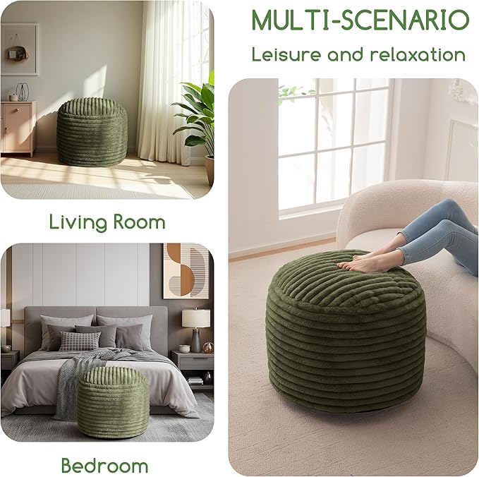 HIGOGOGO Round Stuffed Pouf Ottoman, Corduroy Poufs with High-Density Foam Filling, Furry and Fluffy Pouf Foot Stool Storage Ottoman, 20 X 15 Floor Poufs Foot Rest for Living Room, Green-Ruum Studio Home