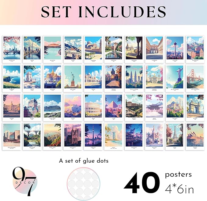 97 Decor Vintage Travel Posters Wall Art - Retro Travel Decor For Home, Travel Art Prints For Wall Decor, Around World Travel Collage Destination Pictures Famous City Artwork For Classroom (4x6)-Ruum Studio Home