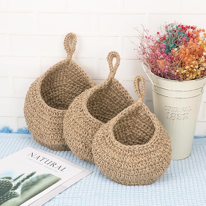 3 Pack Hanging Wall Basket with Hook, 3 Size Wall Hanging Fruit Baskets, Hanging Baskets for Organizing, Hanging Fruit Baskets for Kitchen, Restaurant, Coffee Shop, Party and Garden Decor-Ruum Studio Home