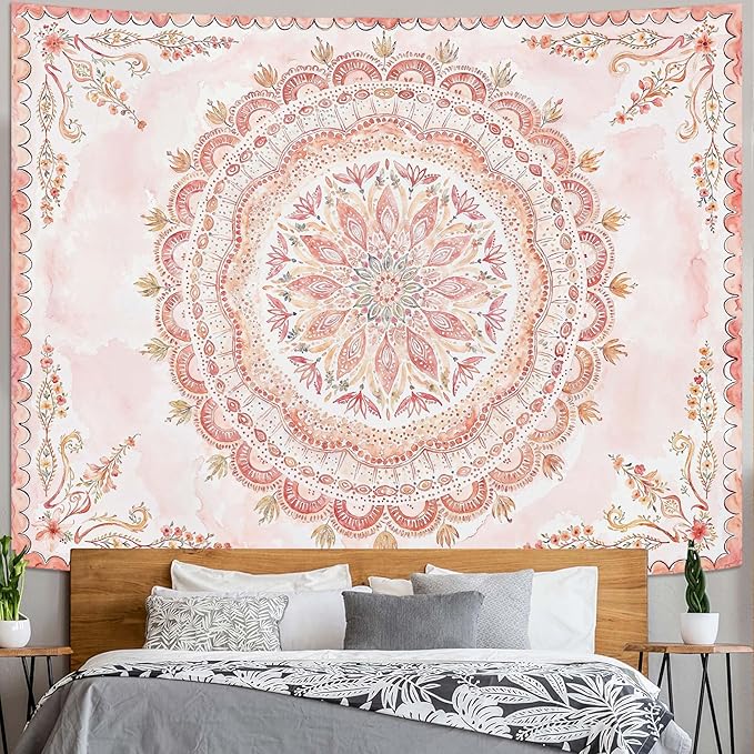 Fowocu Boho Floral Mandala Tapestry Wall Hanging Pink Bohemian Flower Medallion Tapestry Aesthetic Watercolor Hippie Indian Large Tapestries for Bedroom Living Room Dorm Decor 80 x 60 Inch-Ruum Studio Home