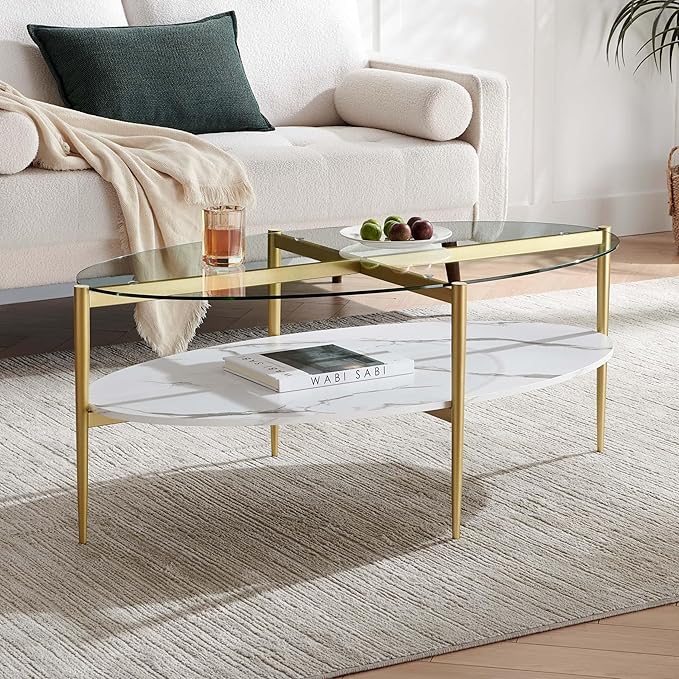 Oval Glass Coffee Table, Mid-Century Modern Design, L43 x W22 x H17 inch, Surfboard Shaped Clear Glass Top and White Marble Finish Wood Shelf, Tapered Legs with Gold Finish Frame-Ruum Studio Home
