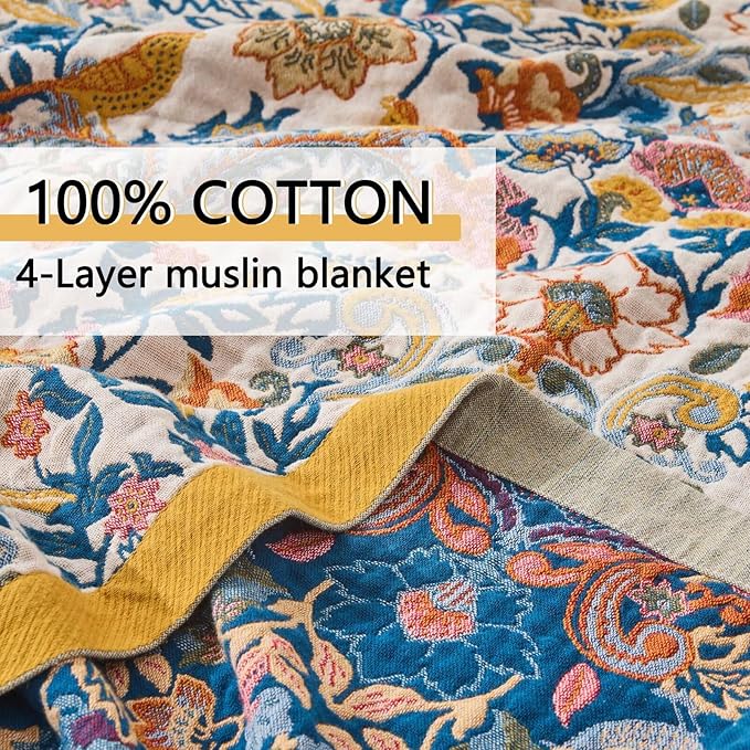 Boho Throw Blanket Reversible Cotton Bohemian Tapestry,100% Cotton Throw Blanket for Couch,Sofa,Chair,Lightweight Summer Quilt Soft 4-Layer Muslin Blanket for Farmhouse,Picnic Decor 50"x60"-Ruum Studio Home