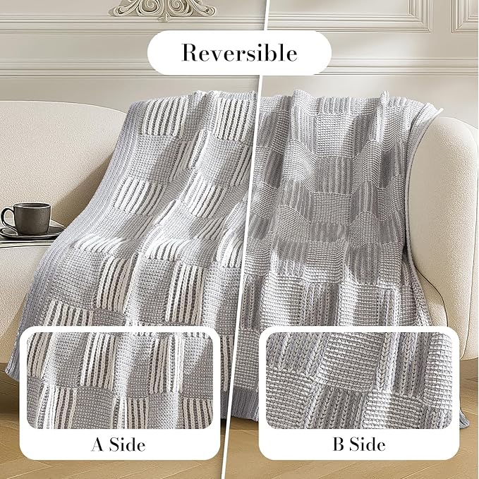 Amélie Home Chenille Knit Throw Blanket for Couch, Checkered Texture Decorative Soft Blanket for Sofa, Bed & Living Room, 50"x60", Grey & White-Ruum Studio Home