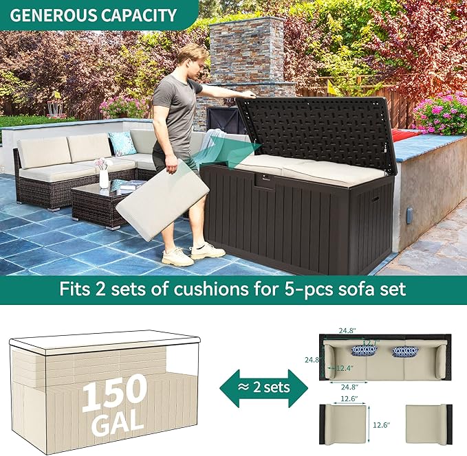 YITAHOME 150 Gallon Double-Wall Deck Box with Side Handles, Outdoor Large Storage for Patio Furniture Cushions, Garden Pool Accessories, Water Resistant & Lockable-Ruum Studio Home