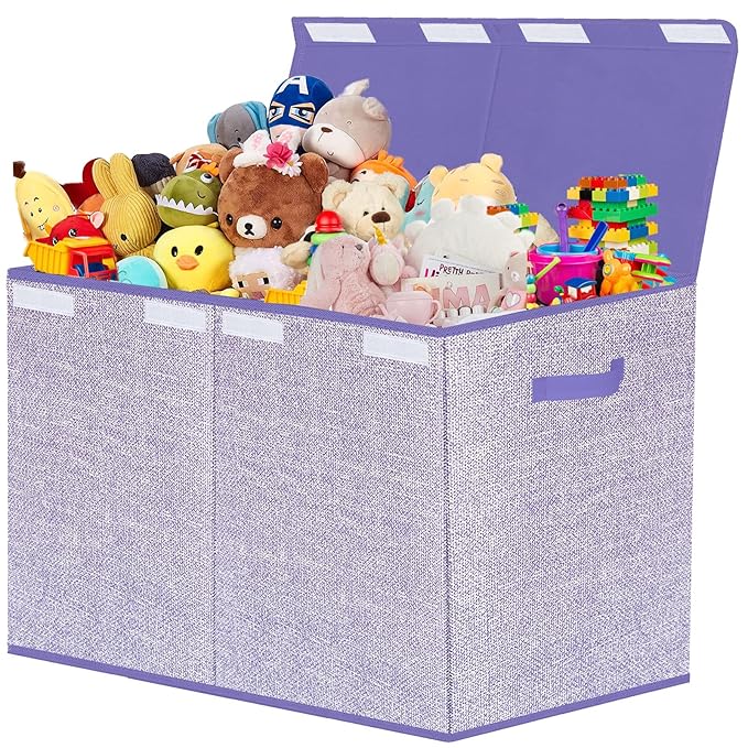 Toy Storage Bins,Large Toy Box Chest with Lids,Foldable Stuffed Animal Toy Organizers and Storage with Sturdy Handles for Kids,Girls,Boys,Nursery,Playroom 24.5"x13"x16" (Purple)-Ruum Studio Home