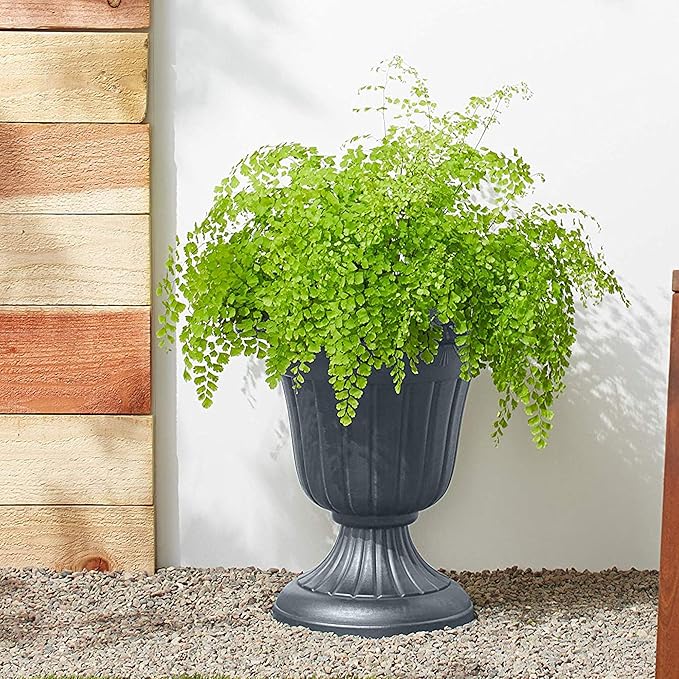 PL00GY Classic Traditional Plastic Urn Planter Indoor/Outdoor, 16" x 18", Gray-Ruum Studio Home