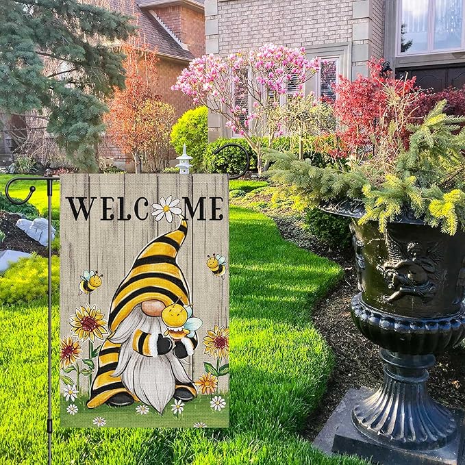 Welcome Summer Gnome Garden Flag Spring Summer Bee Sunflower Yard Flag 12x18 Double Sided Burlap Daisy House Flag for Rustic Seasonal Outside Outdoor House Decoration (ONLY FLAG)-Ruum Studio Home