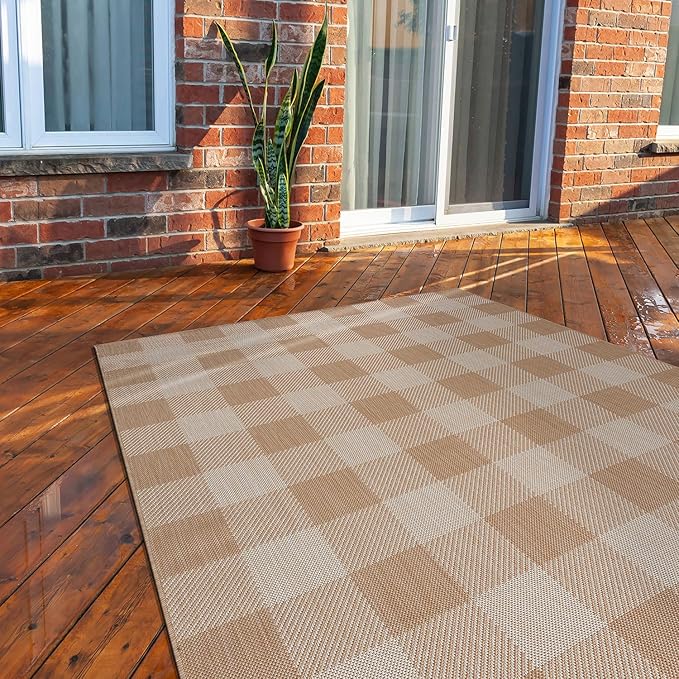 CAMILSON Outdoor Rug - Modern Area Rugs for Indoor and Outdoor Patios, Kitchen and Hallway mats - Easy Cleaning Non Shedding Washable Outside Carpet (8x10, Buffalo - Beige/White)-Ruum Studio Home
