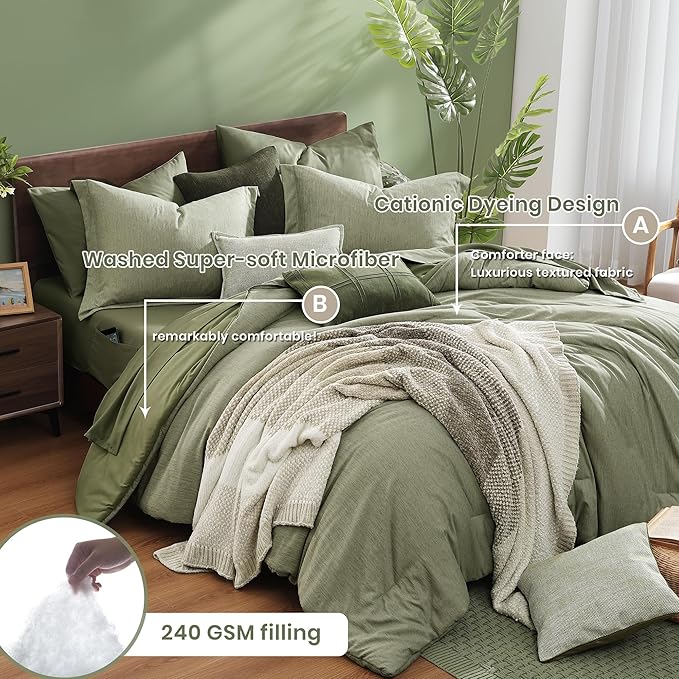Monbix King Size Comforter Set, Sage Green King Size Bed Set Reversible 7 Pieces, Cationic Dyeing Bed in a Bag with Comforter, Sheets, Pillowcases & Shams-Ruum Studio Home