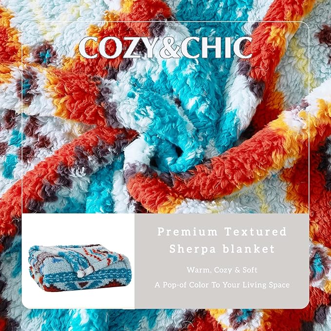 CASAAGUSTO Boho Sherpa Throw Blanket, Aztec Queen Blanket, Ultra Soft, Warm, Cozy, Plush, Thick Fleece Bohemian Throw Blanket for Couch, Bed, Sofa (Aqua 90 * 90 Inch)-Ruum Studio Home