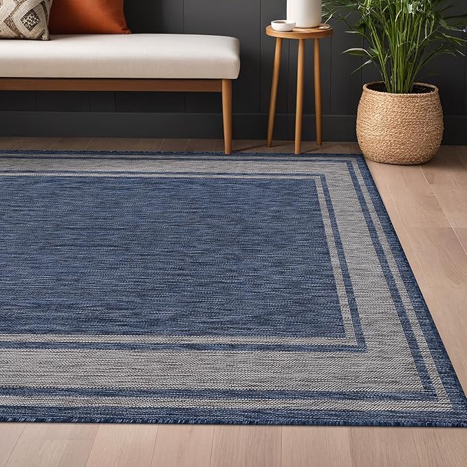 Beverly Rug Large Outdoor Rug 9x12 Modern Bordered Area Rugs for Indoor and Outdoor Patio Deck Porch Garden Waterproof Weather Sun Resistant Washable Outside Carpet (9 x 12 Navy)-Ruum Studio Home