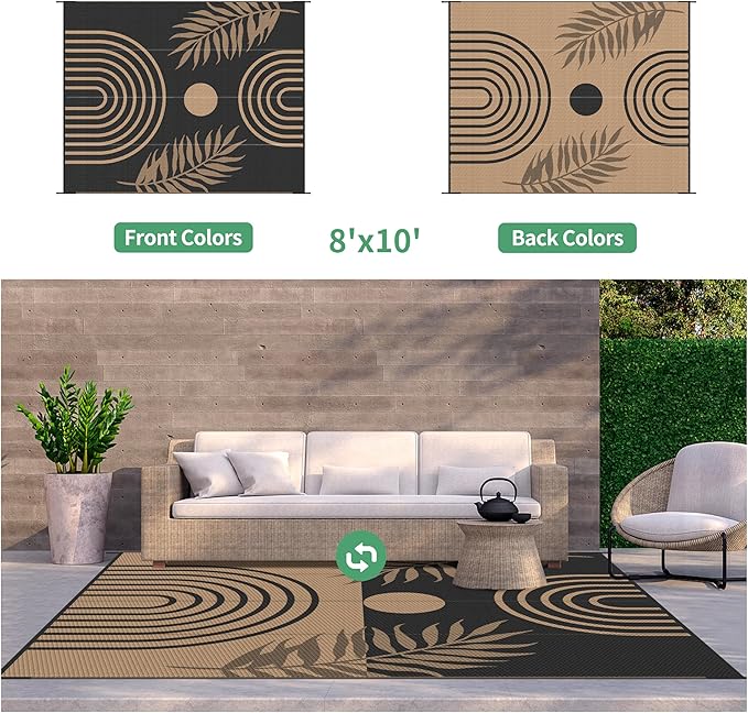 GENIMO Outdoor Rug 8' x 10' Waterproof for Patio Clearance, Reversible Lightweight Plastic Straw Camping Carpet, Large Area Rugs Mats for Rv, Backyard, Deck, Porch, Picnic, Balcony, Mix-Black & Brown-Ruum Studio Home