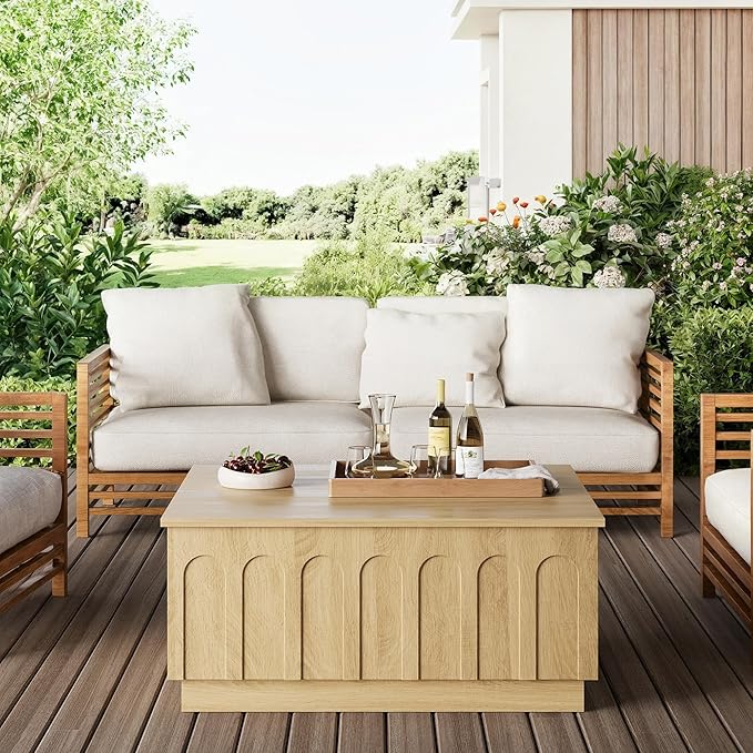 Lift Top Coffee Table with Storage, Modern Coffee Table with Arched Design, 31.5" Square Tea Table with Wood Grain, Boho Multifunctional Center Table for Living Room, Office, Oak-Ruum Studio Home