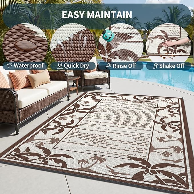 COCOER Outdoor-Rug 8x10 ft Waterproof Reversible Outdoor Plastic Straw Rug RV Indoor Outdoor Carpet Quick Dry Patio Rug Camping Mat for Balcony Backyard Picnic Beach-Brown&Beige-Ruum Studio Home