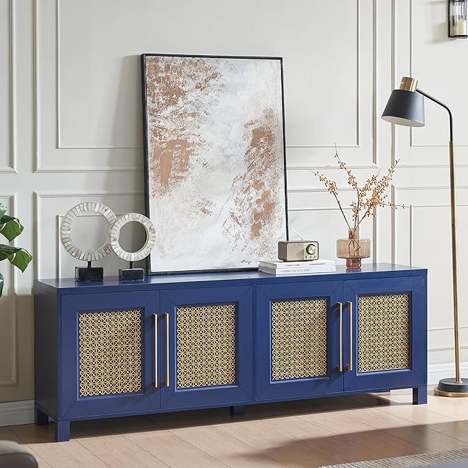 JYED Mid Century Modern TV Stand for TVs up to 75", 69.5" W Blue Entertainment Center with 4 Gold Metal Mesh Doors - Wood Grain MDF TV Console, Media Storage-Ruum Studio Home