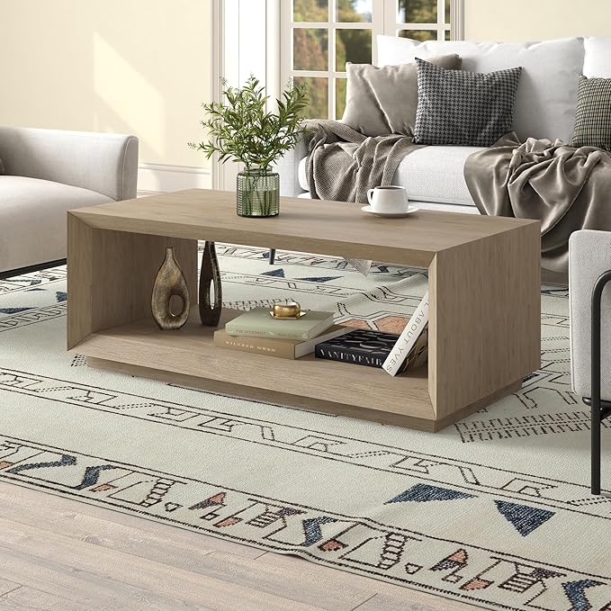 Henn&Hart 48" Rectangular Coffee Table with Open Storage Shelf for Living Room, Family Room, or Office, Antiqued Gray Oak-Ruum Studio Home