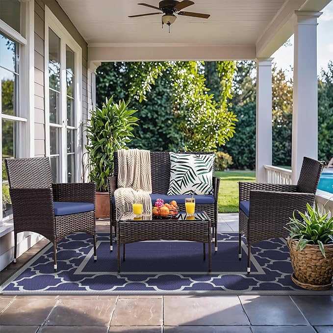 GENIMO 4 ' x 6 ' Outdoor Rug for Patio Clearance, Waterproof Indoor Outdoor Plastic Straw Rugs Carpet, Reversible Outside Area Rv Mat for Camping, Balcony Porch, Deck, Picnic, Beach (Blue & Gray)-Ruum Studio Home