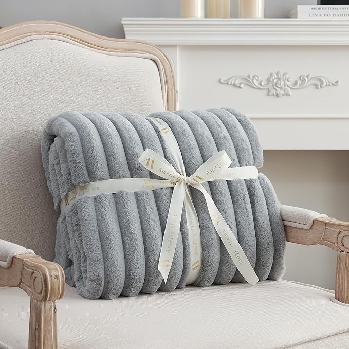 Amélie Home Faux Fur Throw Blanket for Couch, Cozy Fuzzy Fluffy Fur Luxurious Soft Striped Plush Gift Blankets for Family Sofa Chair Bed Living Room Bedroom, 55"x70", Light Grey-Ruum Studio Home